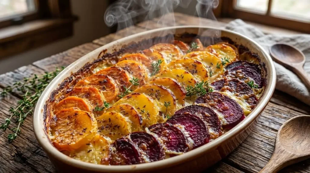 Finished Root Vegetable Gratin with Sweet Potatoes Parsnips and Beets Recipe