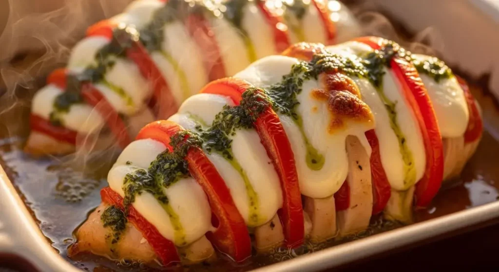 Close-up of baked caprese hasselback chicken breast with bubbling melted mozzarella and roasted tomatoes.