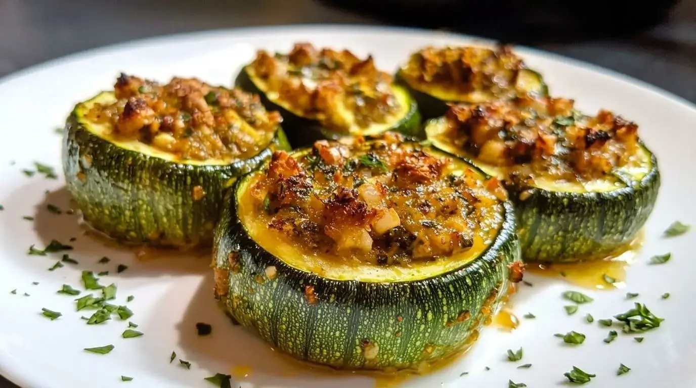 Mediterranean stuffed zucchini rounds with melted cheese and herbs.