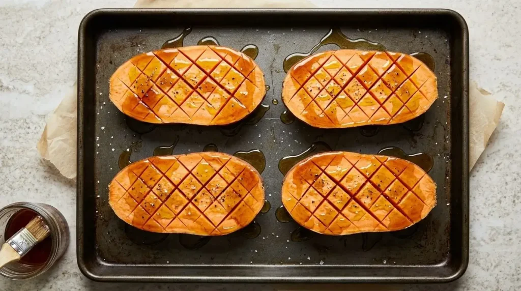 Scored sweet potatoes ready for roasting with maple glaze.
