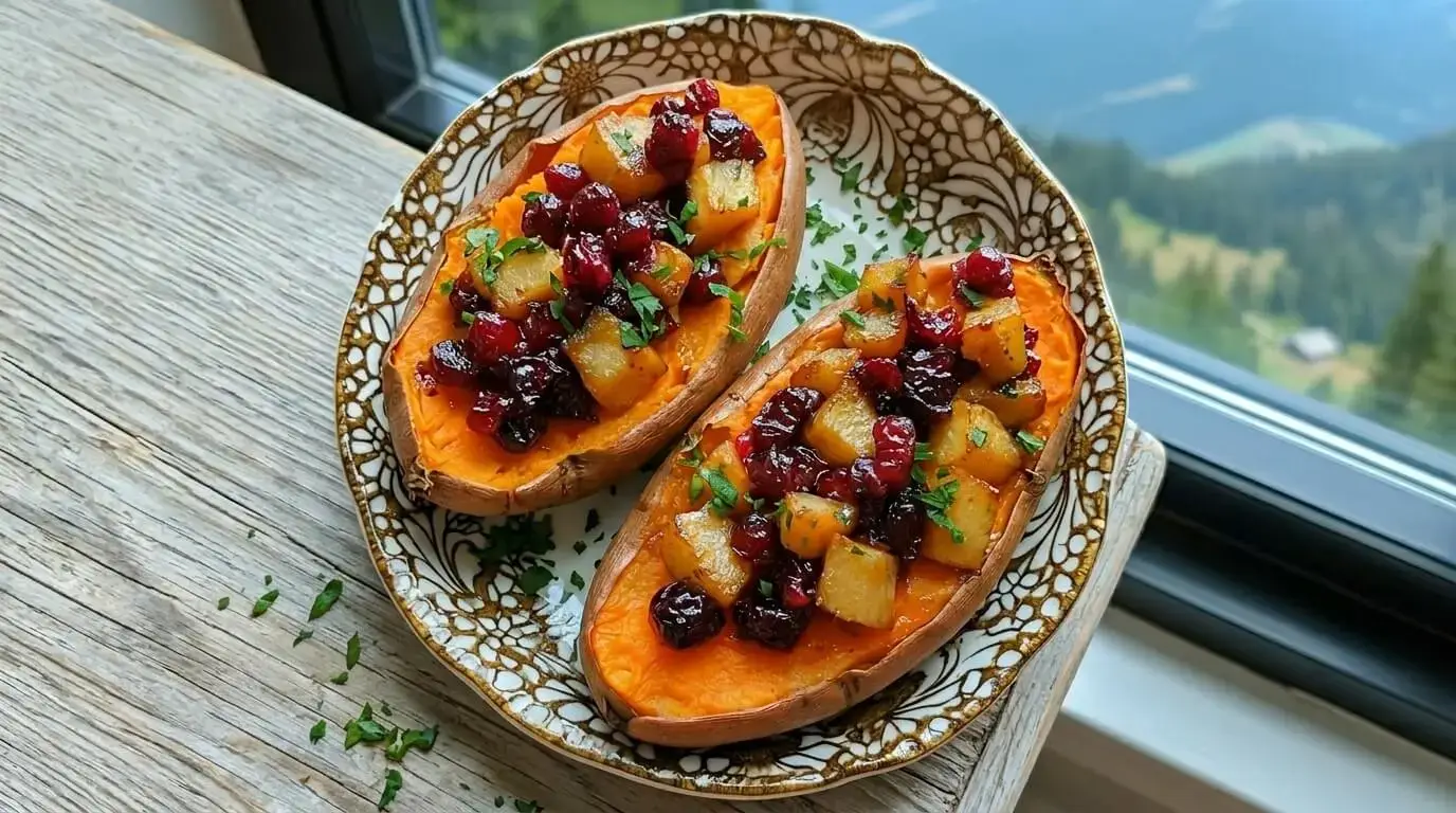 Cranberry apple twice-baked sweet potatoes topped with caramelized apples and cranberries