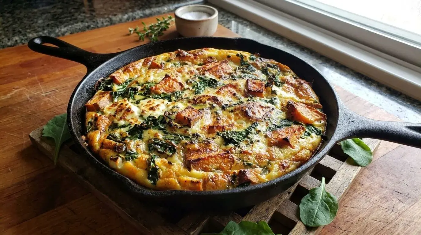 A freshly baked golden sweet potato kale and feta frittata inside a cast iron skillet on a wooden table.