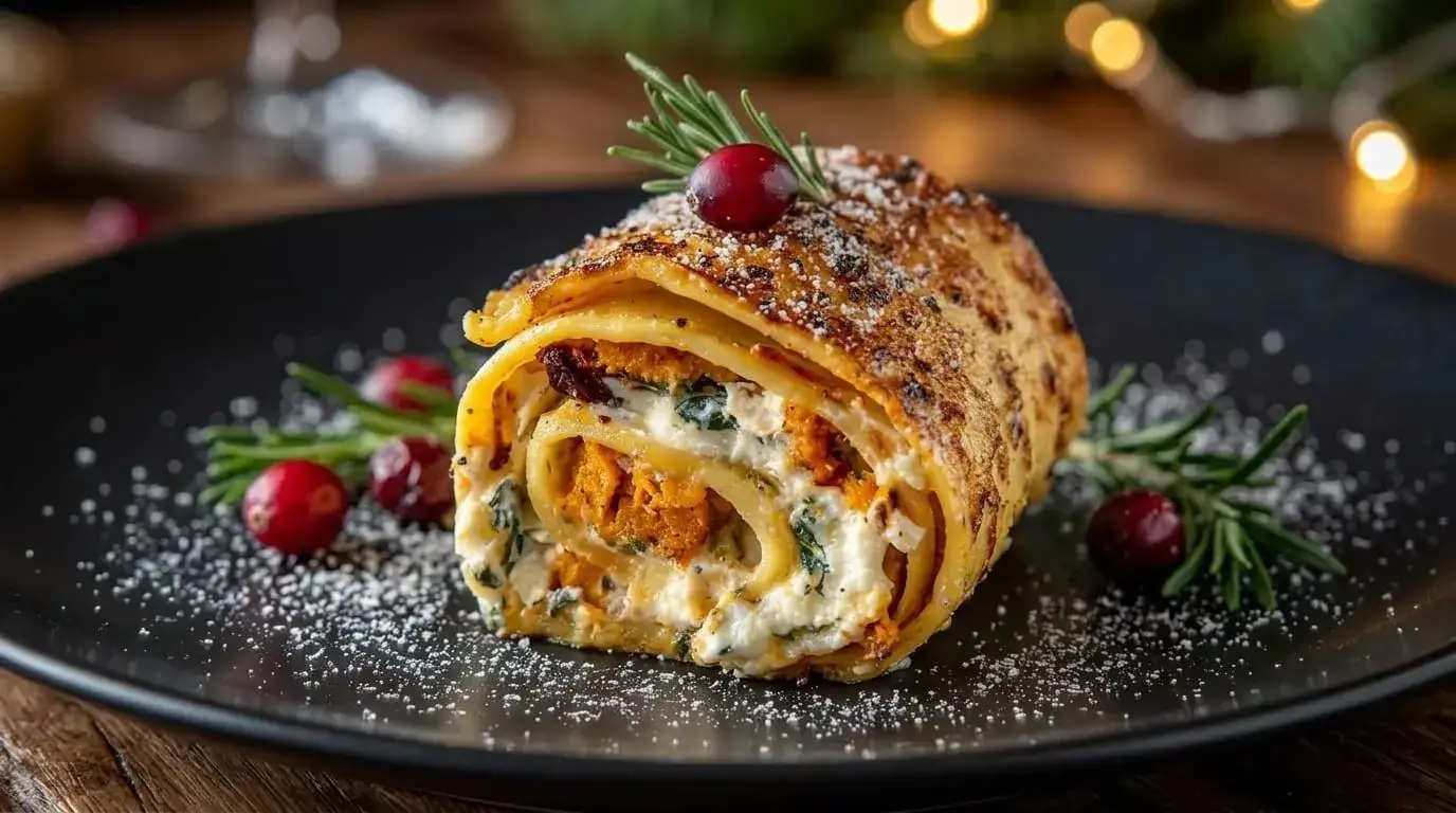 A close-up shot of a single baked cinnamon-roasted sweet potato lasagna roll garnished with a fresh rosemary sprig, a whole cranberry, and a dusting of Parmesan cheese on a black plate.