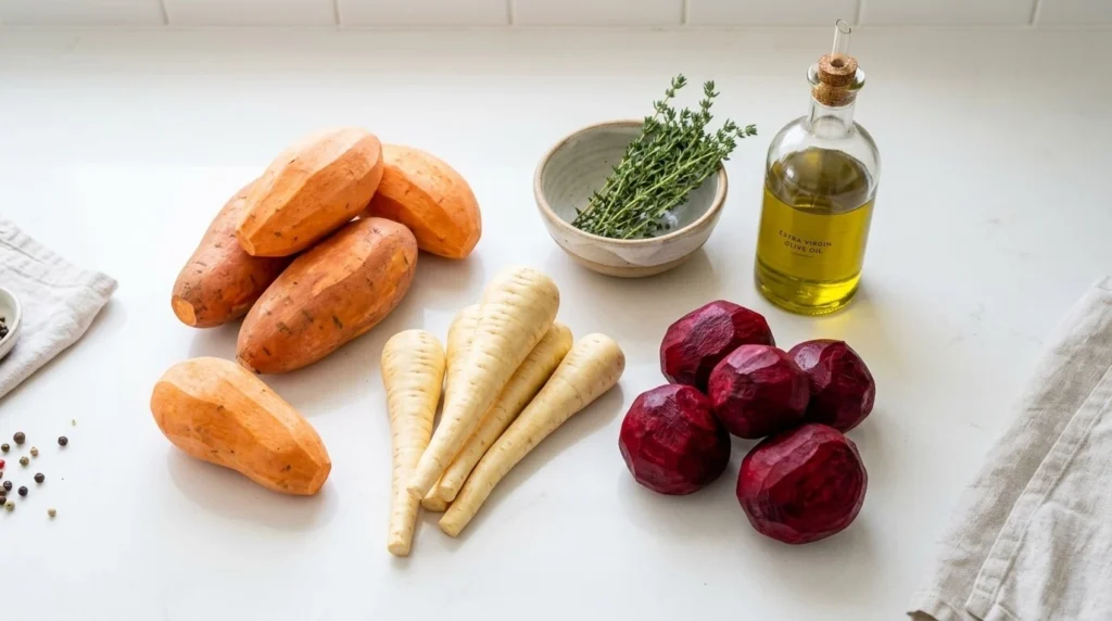 Fresh ingredients for root vegetable gratin including sweet potatoes, parsnips, and beets.