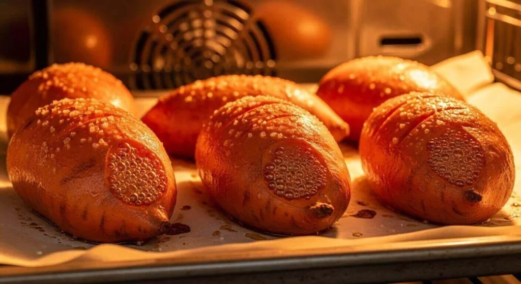 Whole sweet potatoes roasting on a parchment-lined baking pan inside an oven until tender and caramelized.