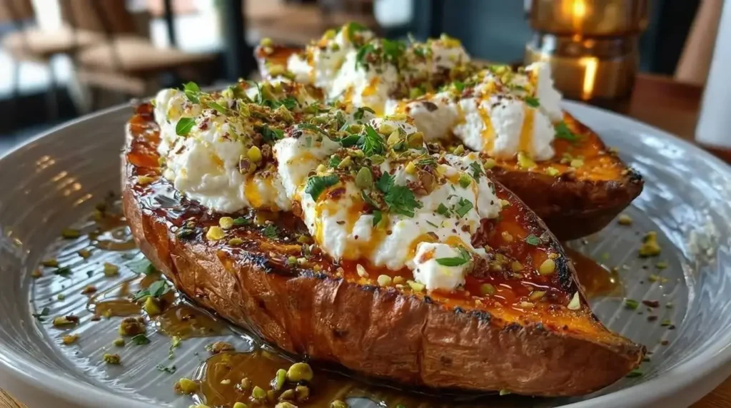Maple-roasted sweet potato boats with feta and honey showing caramelized edges.