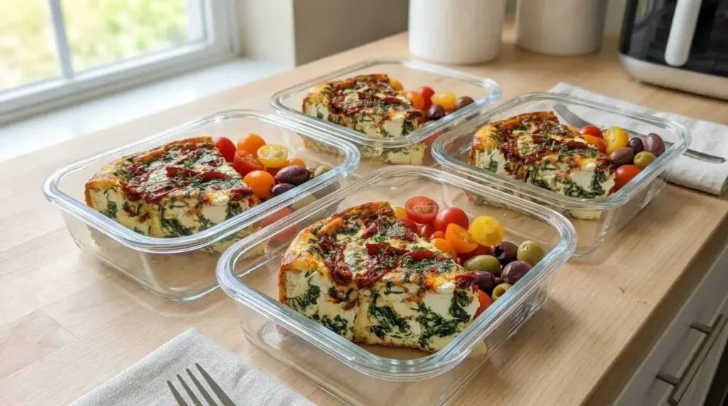 Meal-prep containers with slices of spinach and feta quiche.