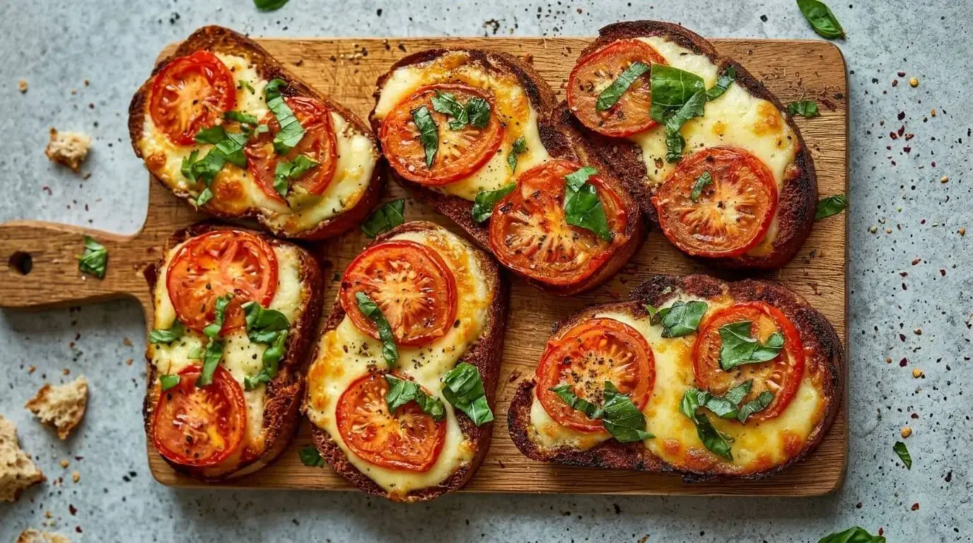 Tomato Basil Mozzarella Toast on crispy sourdough with melted mozzarella cheese and roasted tomatoes