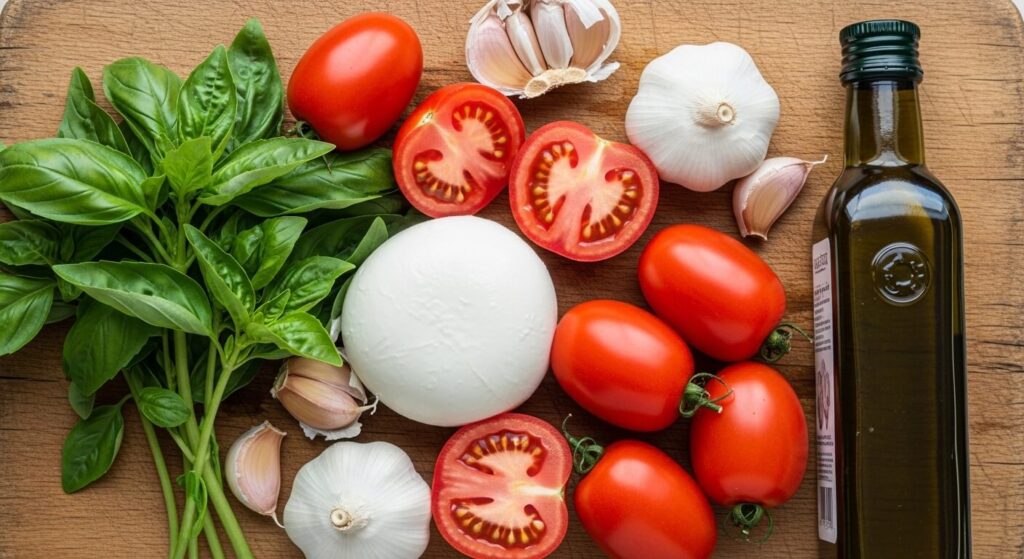 Ingredients for tomato basil bruschetta including fresh mozzarella and Roma tomatoes.