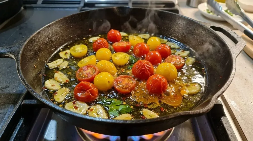 Sautéing cherry tomatoes and garlic in a skillet to make a pasta sauce.