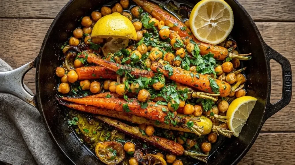 Top-down view of Harissa Roasted Carrots and Crispy Chickpeas in a cast iron skillet.