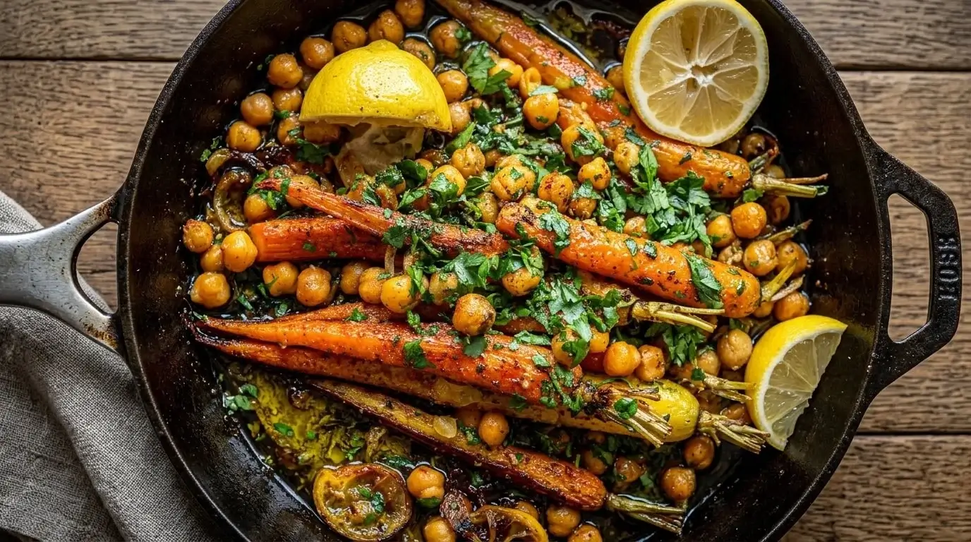 Top-down view of Harissa Roasted Carrots and Crispy Chickpeas in a cast iron skillet.