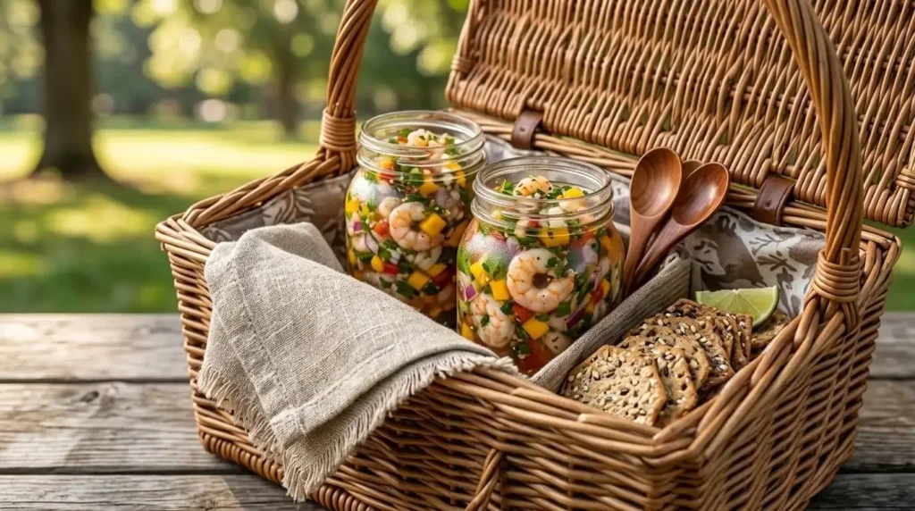 Mediterranean shrimp ceviche mason jar for a healthy summer picnic.