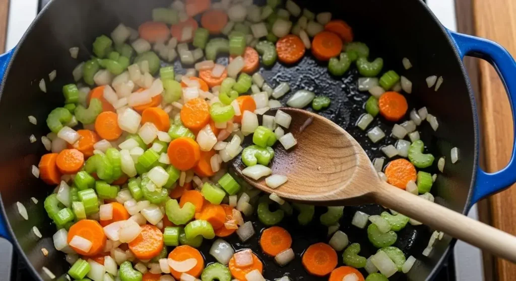 Sautéing diced onions, carrots, and celery in olive oil inside a Dutch oven.