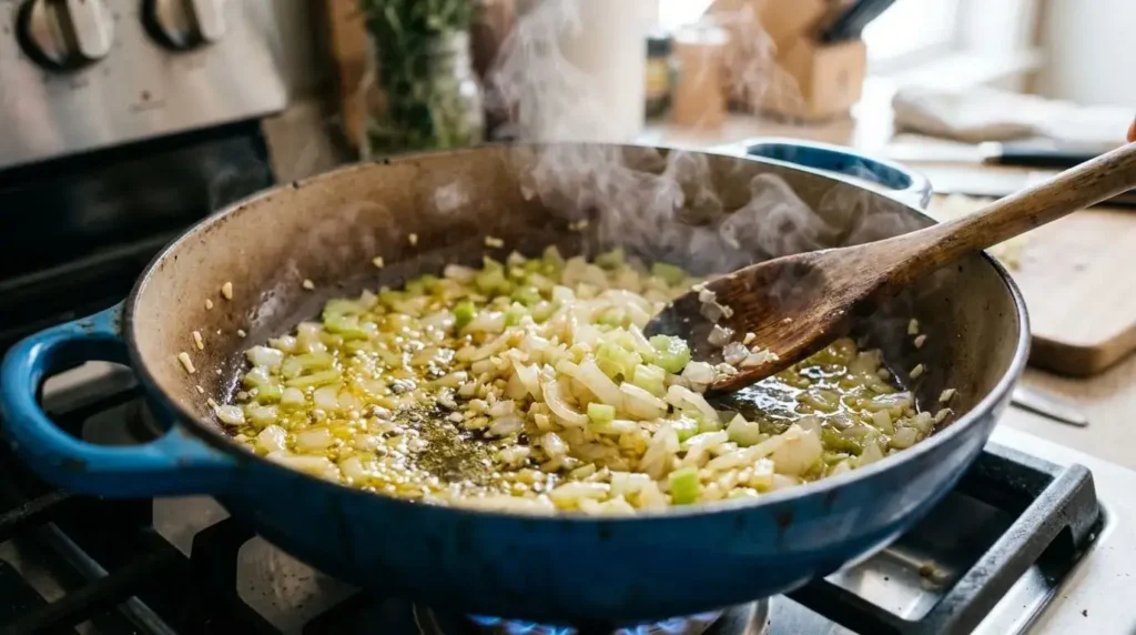 Sautéing onions, celery, and garlic in a Dutch oven for an easy seafood bisque recipe.