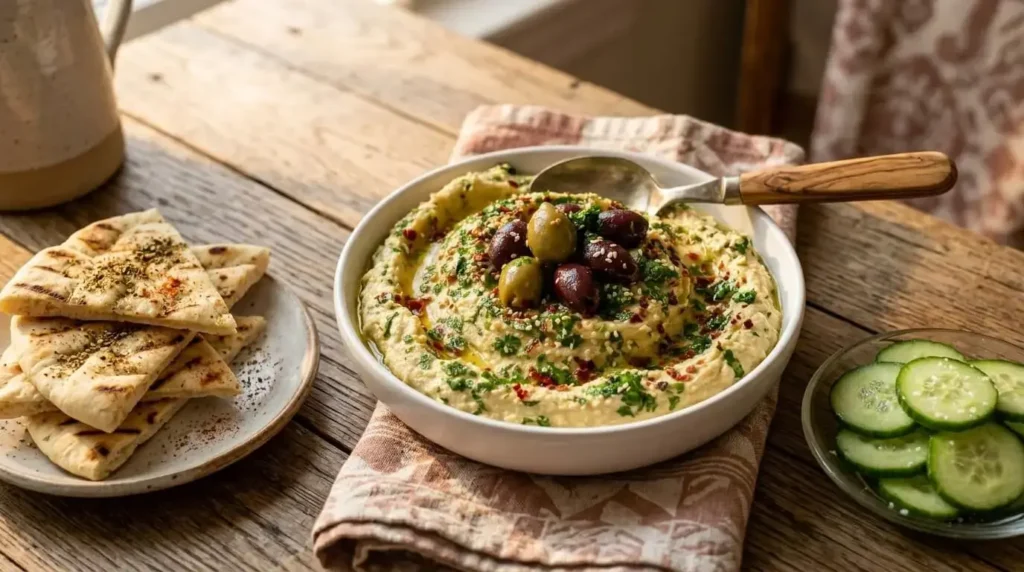A loaded Mediterranean hummus appetizer served with warm pita bread and fresh vegetables.