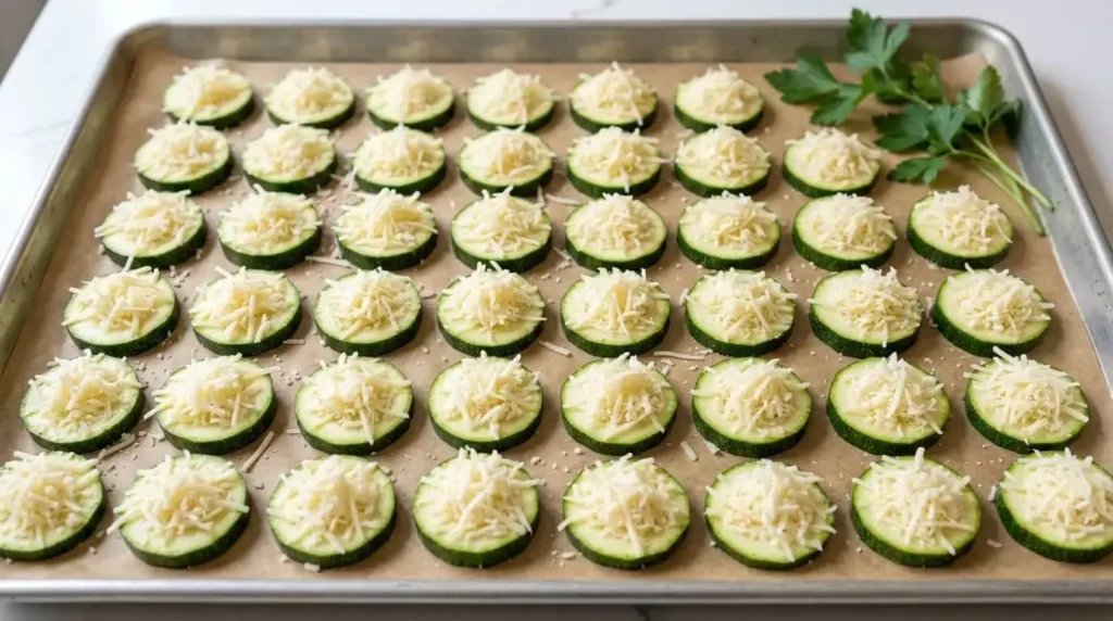 Zucchini rounds topped with Parmesan cheese on a baking sheet.