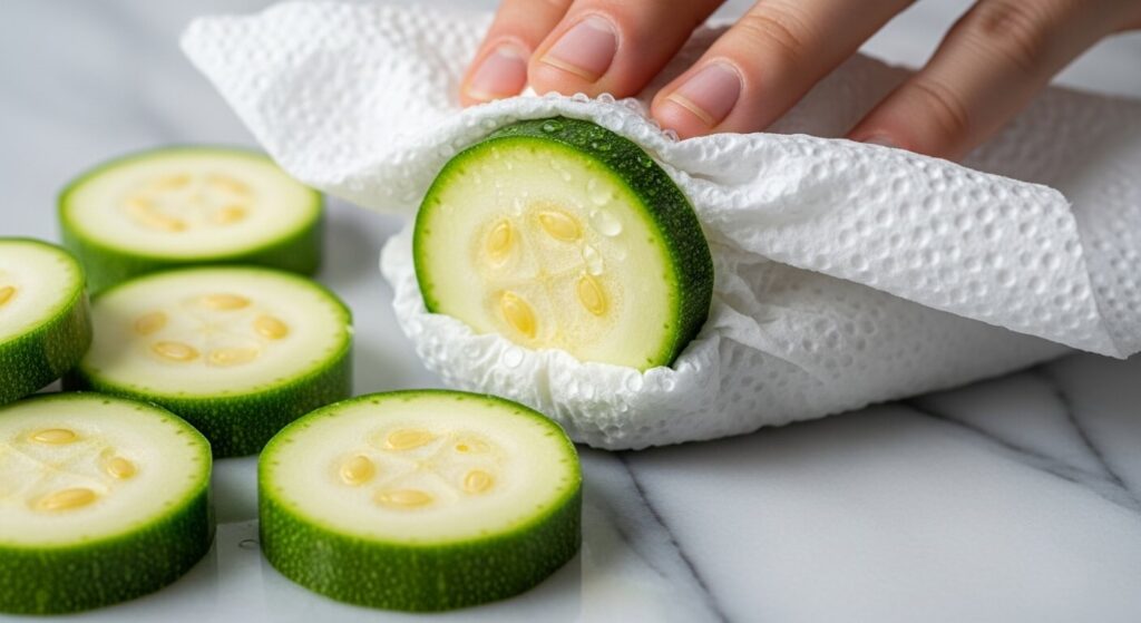 Patting zucchini slices dry to prevent sogginess in pizza bites.