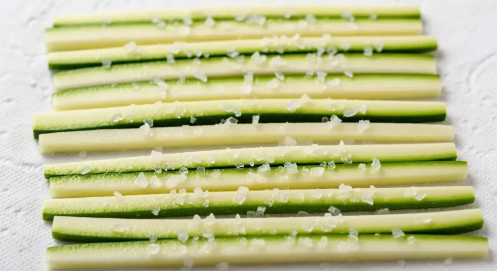Removing moisture from zucchini strips by salting.