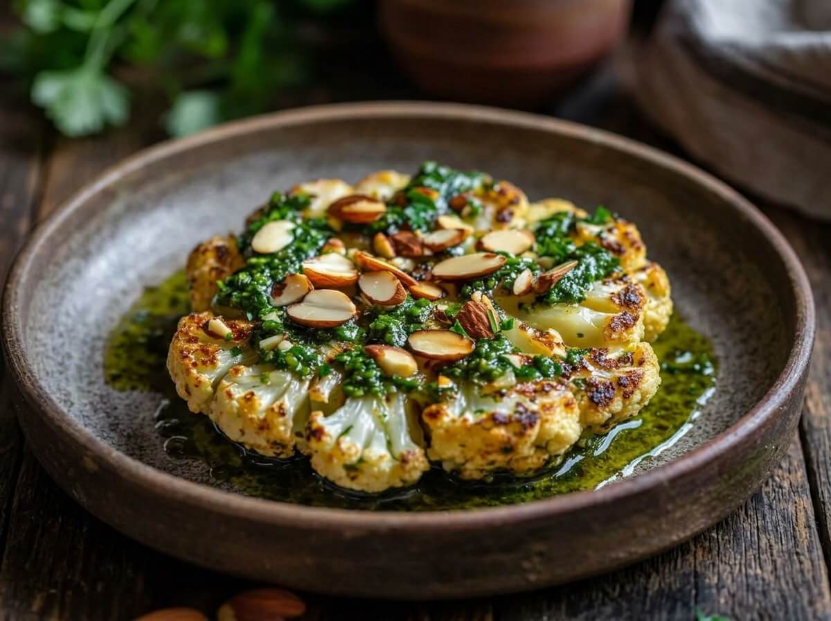 roasted cauliflower steak with almond chimichurri served on plate