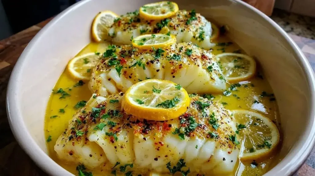 Baked Lemon-Garlic Cod with Butter Sauce garnished with parsley and lemon slices.