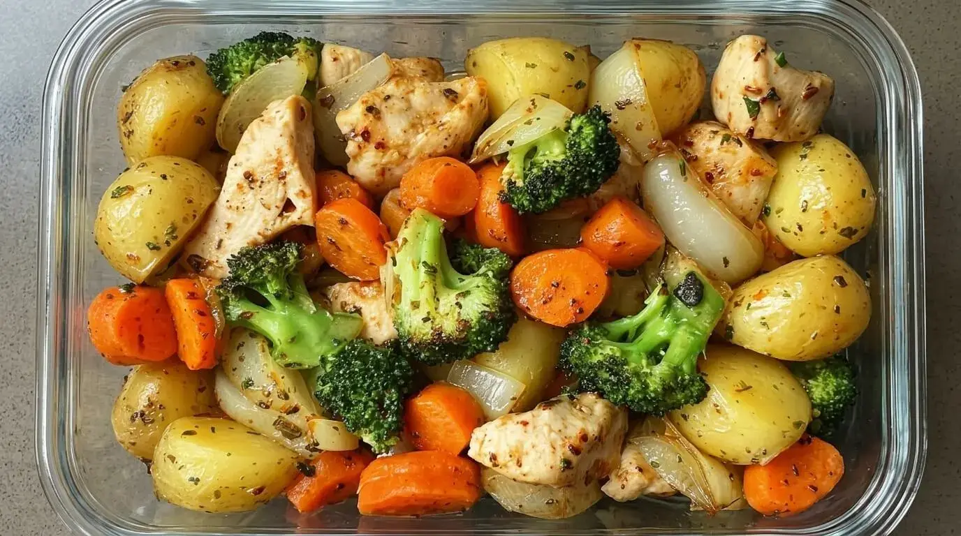 Garlic Herb Roasted Chicken and Vegetables on a one-pan baking sheet.