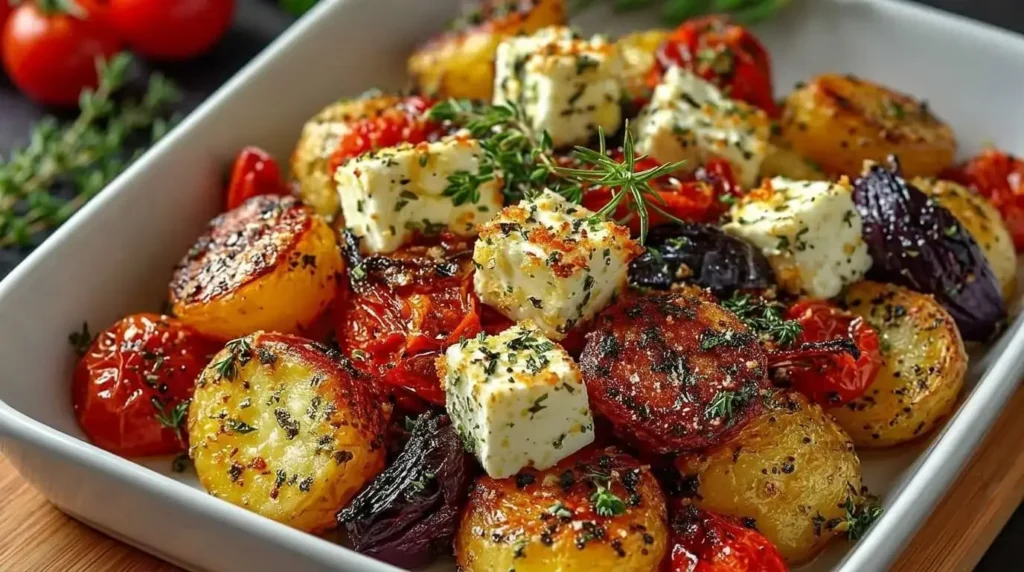 Roasted Mediterranean Potatoes with Feta and Tomatoes in a white baking dish.