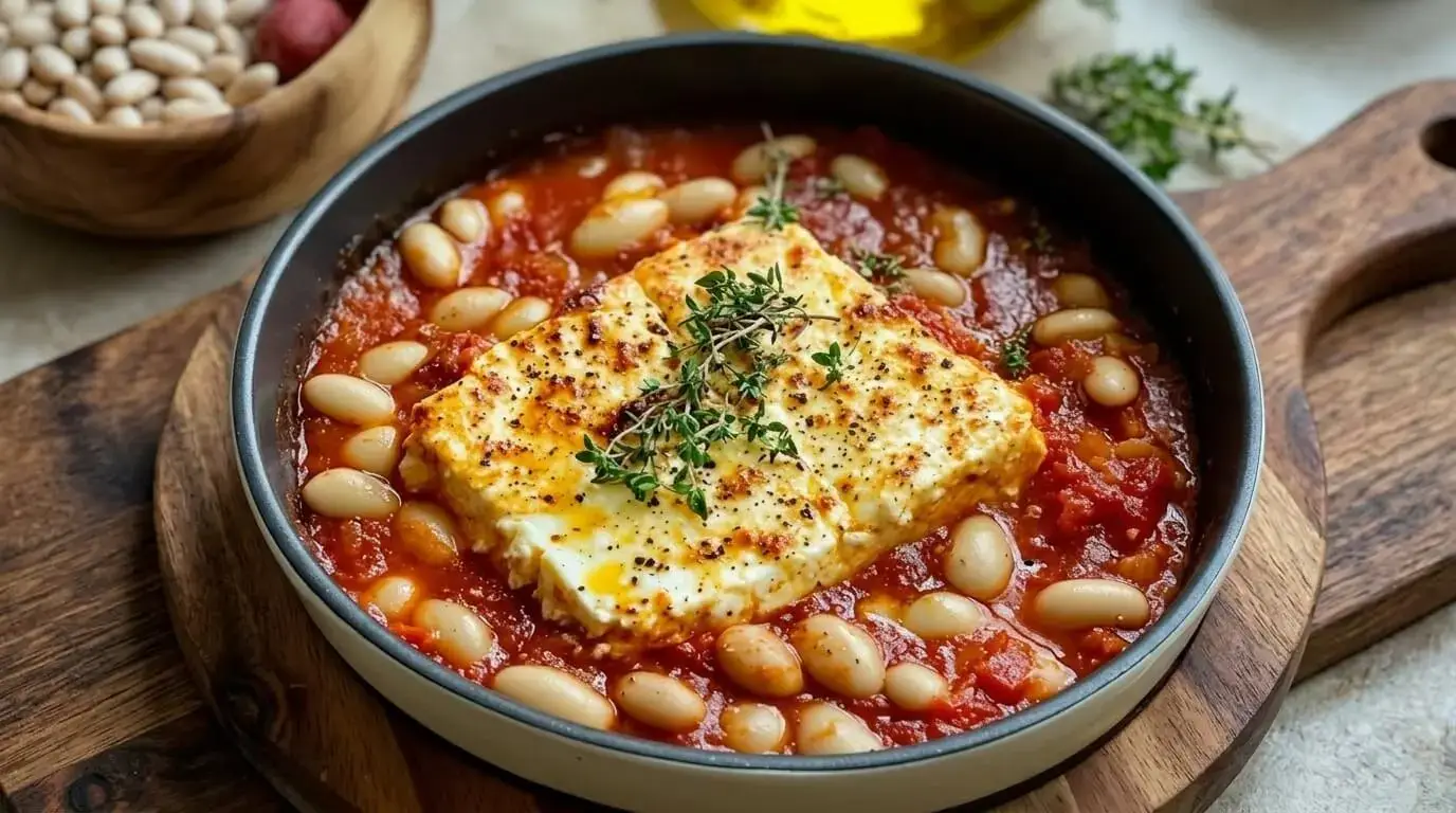 A skillet of Mediterranean Baked Feta with Giant Beans in a rich tomato sauce garnished with thyme.