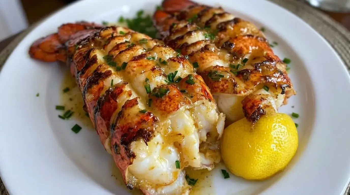 Close-up of two garlic butter broiled lobster tails garnished with chives and lemon.