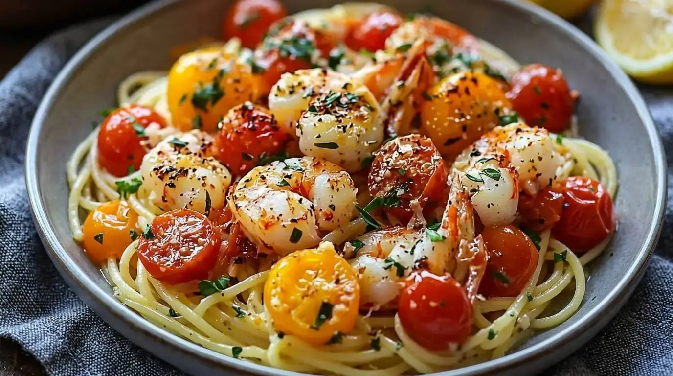 Close up of Mediterranean Shrimp Spaghetti with Burst Cherry Tomatoes and fresh herbs in a bowl.