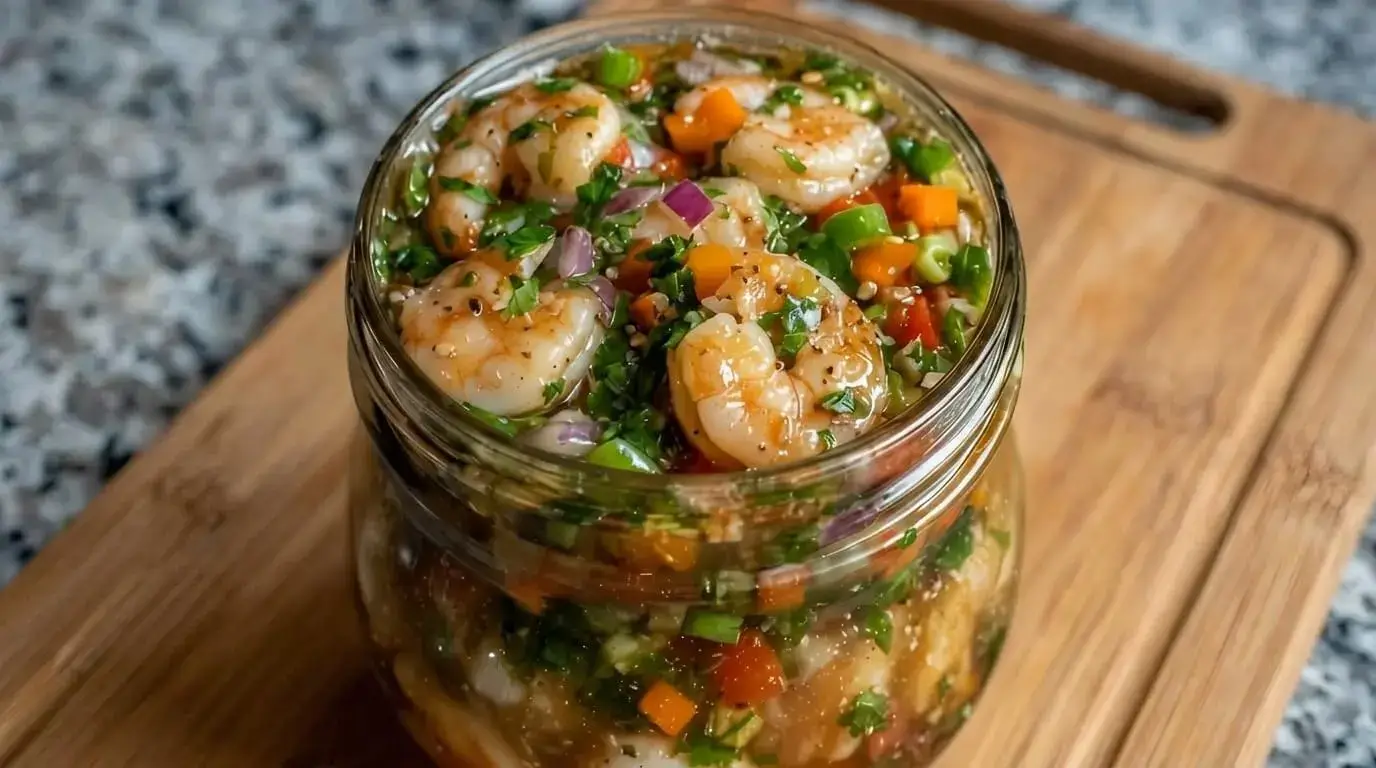 Citrus shrimp ceviche jar with lime, bell peppers, tomatoes, and fresh herbs.