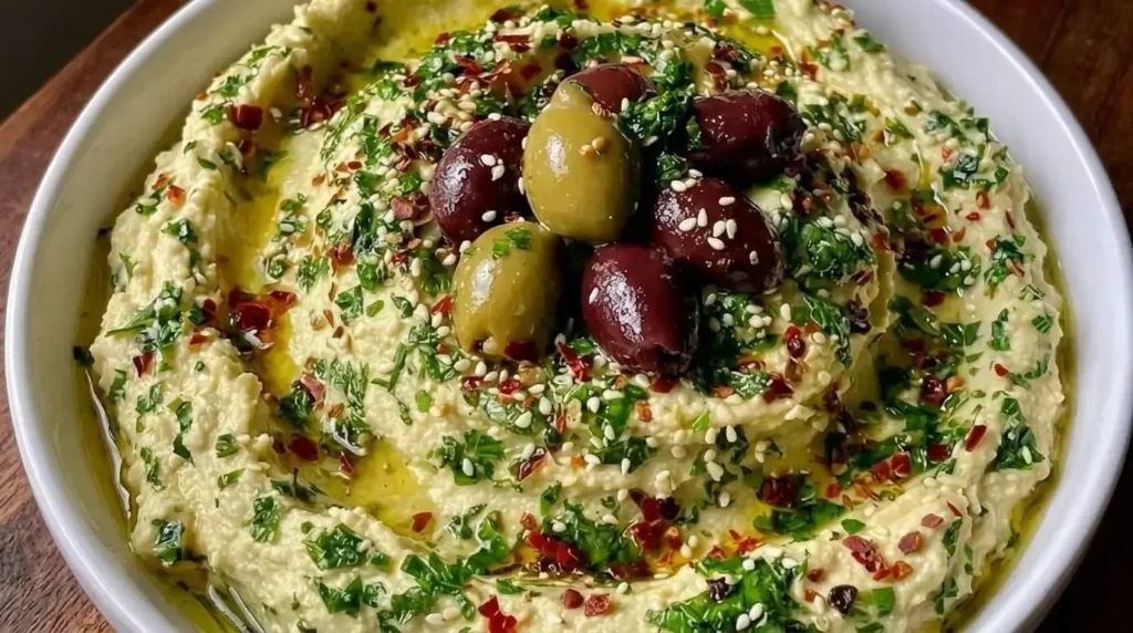 warm olive-topped hummus