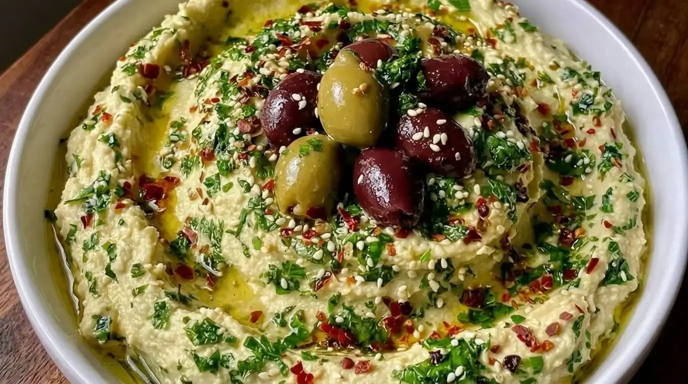 warm olive-topped hummus