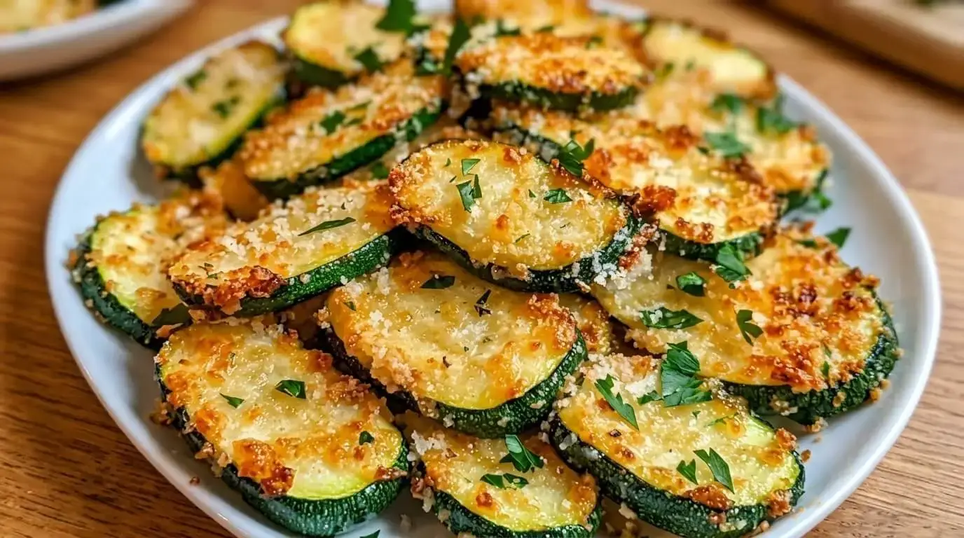 A plate of crispy Baked Parmesan Zucchini Rounds with golden cheese crust and fresh parsley.