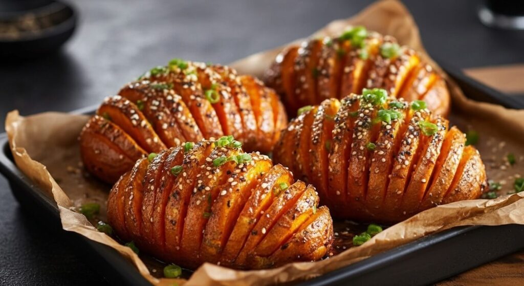 Top-down view of slicing raw sweet potatoes using the chopstick Hasselback cutting method.