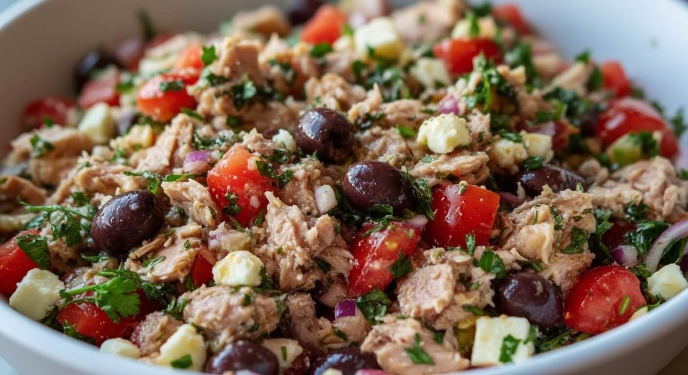 A colorful bowl of Mediterranean tuna salad with fresh cucumbers, tomatoes, and Kalamata olives.