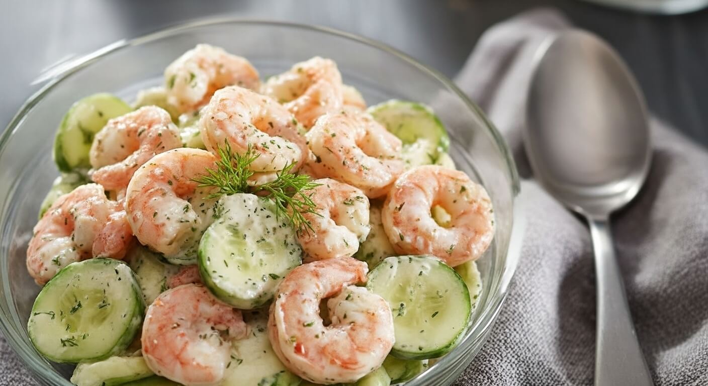 A bowl of Creamy Shrimp Cucumber Salad garnished with fresh dill and lemon.