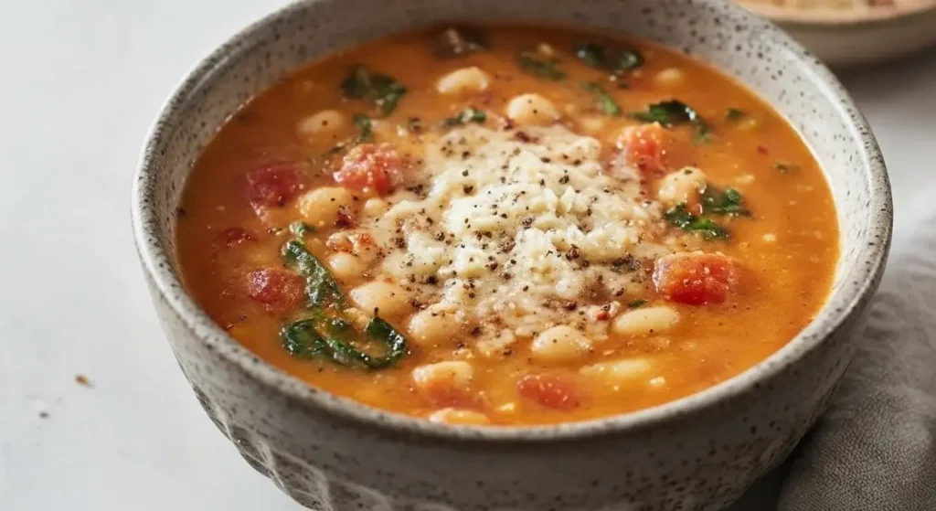 A cozy bowl of creamy parmesan white bean stew served with rustic crusty bread on a linen tabletop.