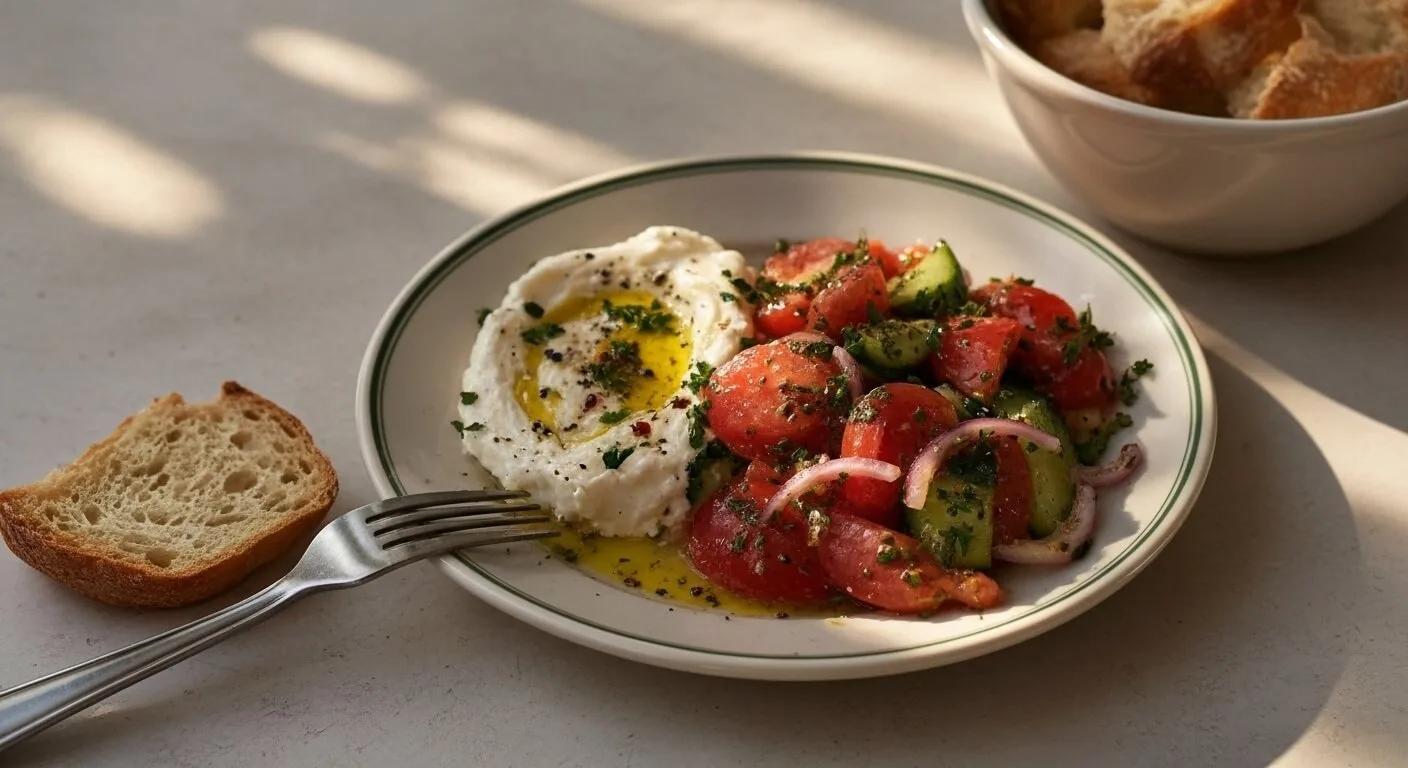 Labneh Tomato Cucumber Lunch Plate recipe with fresh mint and olive oil.
