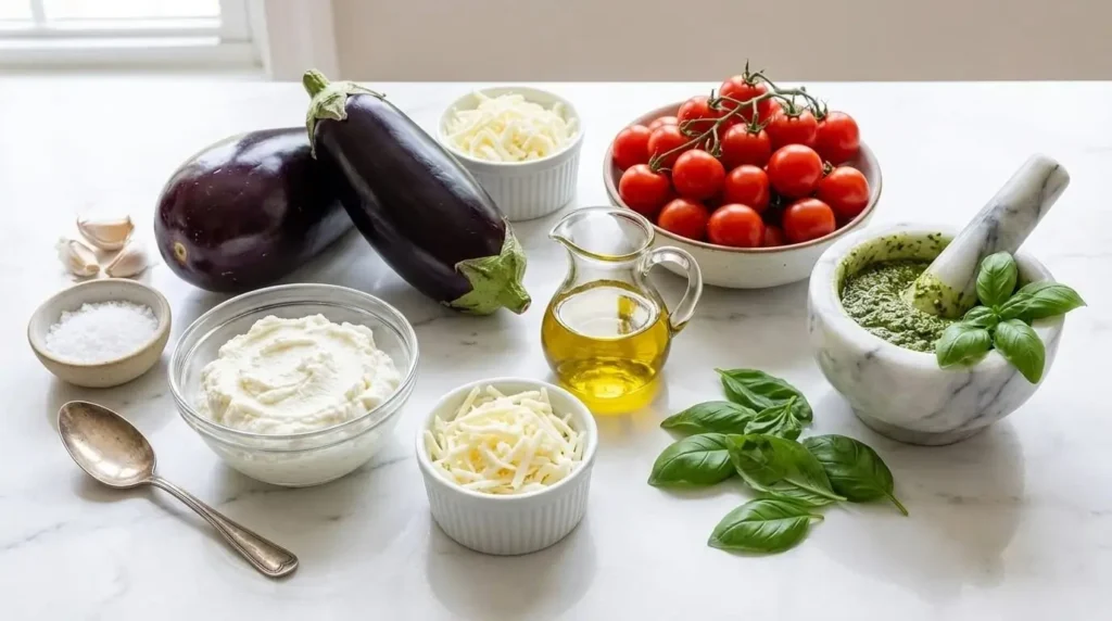 Fresh ingredients for pesto eggplant rollatini including whole purple eggplants, ricotta cheese, cherry tomatoes, mozzarella, and basil pesto on a marble background.