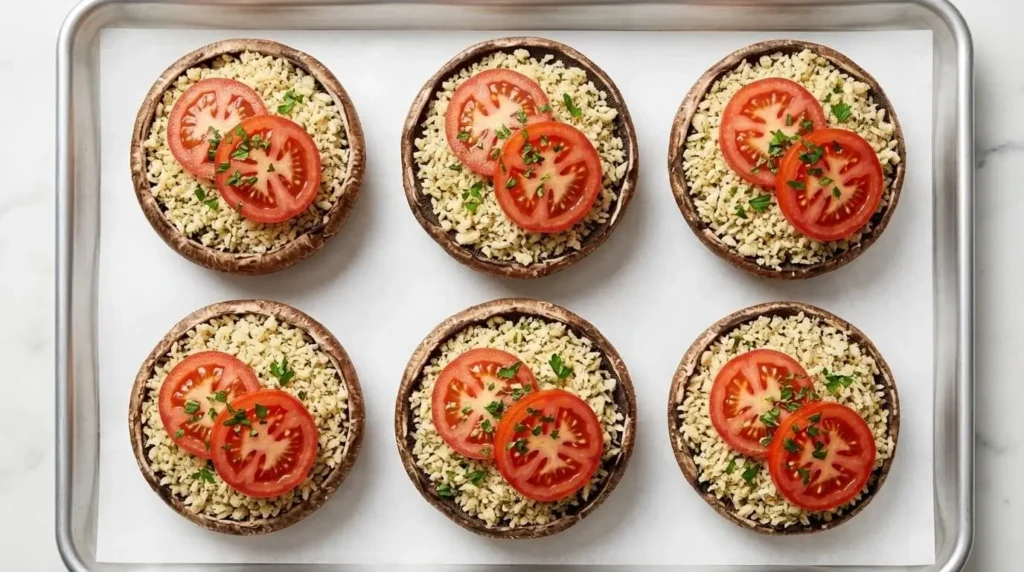 Six assembled Mediterranean stuffed Portobello mushrooms with raw breadcrumb filling and sliced cherry tomatoes on a parchment-lined baking sheet.