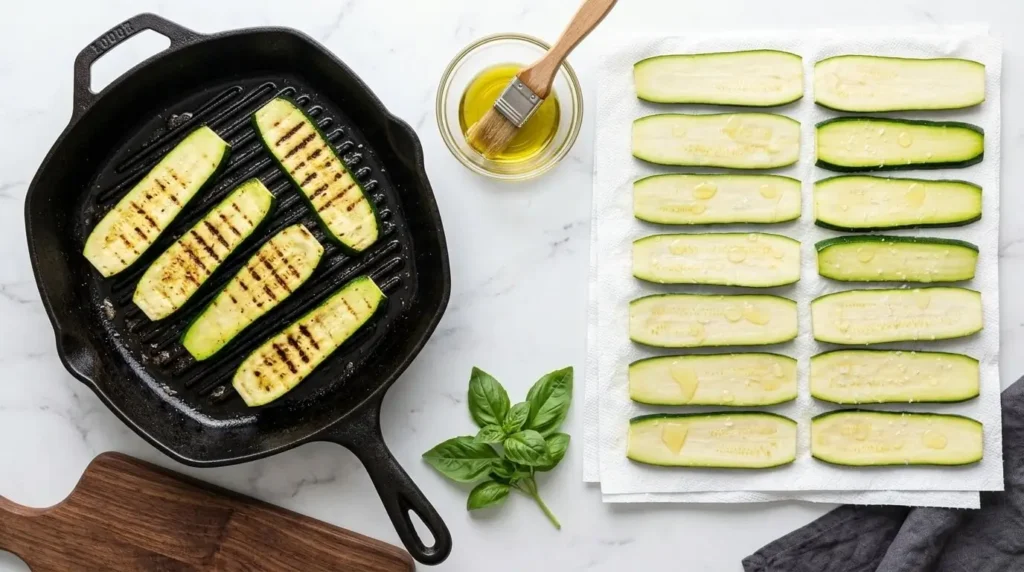 Process photo displaying raw zucchini planks sweating out moisture on paper towels next to a hot grill pan searing slices.