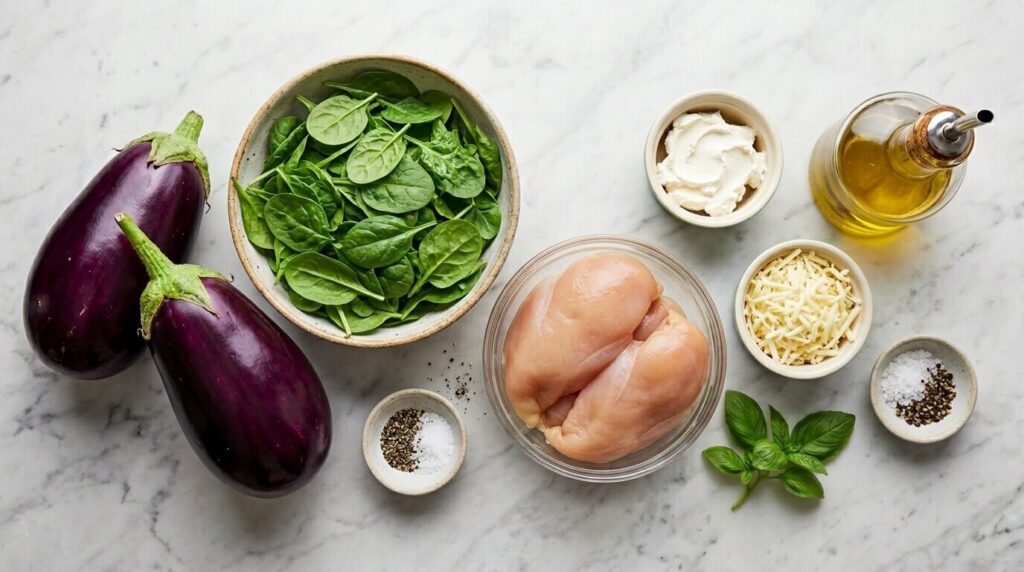An overhead flat-lay photo of large purple eggplants, fresh spinach leaves, pre-cooked shredded chicken, cheese, and olive oil.