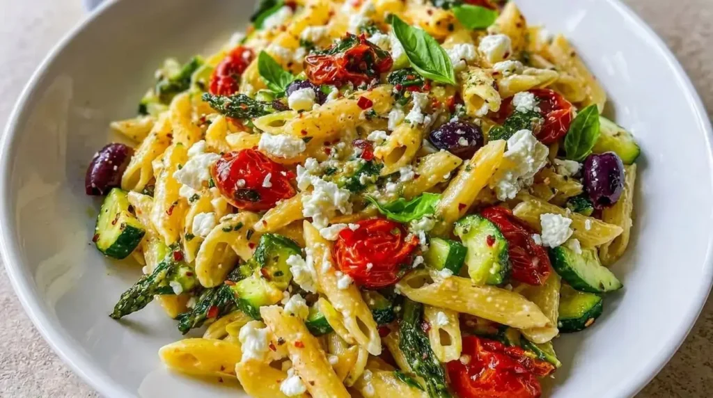 Overhead view of Mediterranean Roasted Vegetable Pasta Salad with penne, blistered tomatoes, roasted zucchini, Kalamata olives, and crumbled feta cheese.