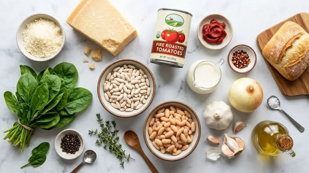A flat lay display of fresh ingredients for making Tuscan white bean soup, including spinach, beans, and parmesan.