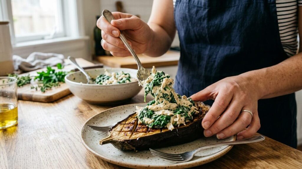 A close-up shot showing a spoon filling a roasted, hollowed-out eggplant half with a rich, creamy chicken and spinach mixture.