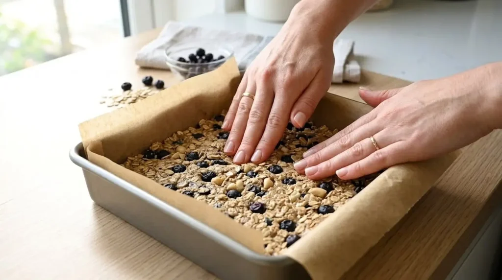 Pressing the no-bake protein bar mixture firmly into a parchment-lined square baking pan.