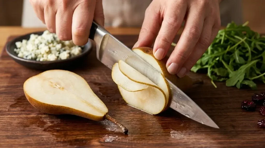 Slicing a fresh ripe pear lengthwise with a chef knife on a wooden cutting board for a salad.