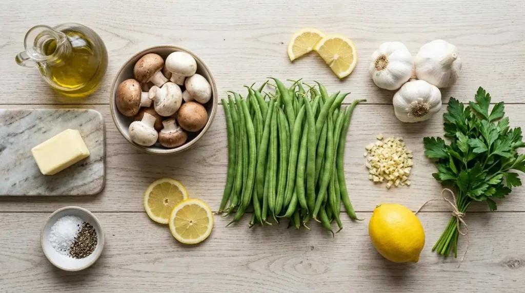 An overhead view of the fresh ingredients for Garlic Butter Green Beans and Mushrooms, including whole green beans, fresh mushrooms, garlic, butter, olive oil, parsley, salt, and lemon on a rustic wood table.