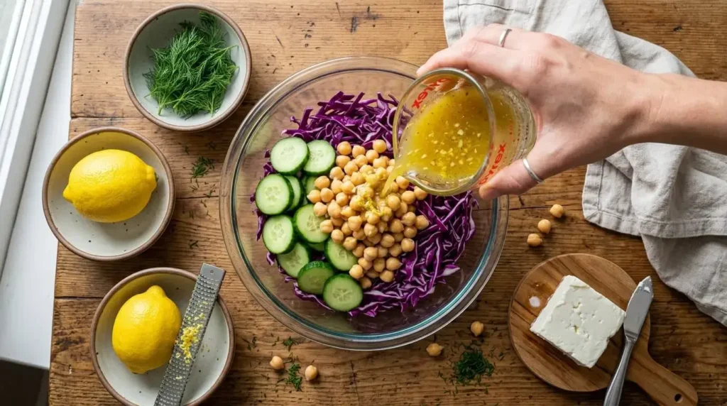 Overhead view of golden lemon-garlic dressing being poured over a bowl of raw cabbage, cucumber, and chickpeas for meal prep.